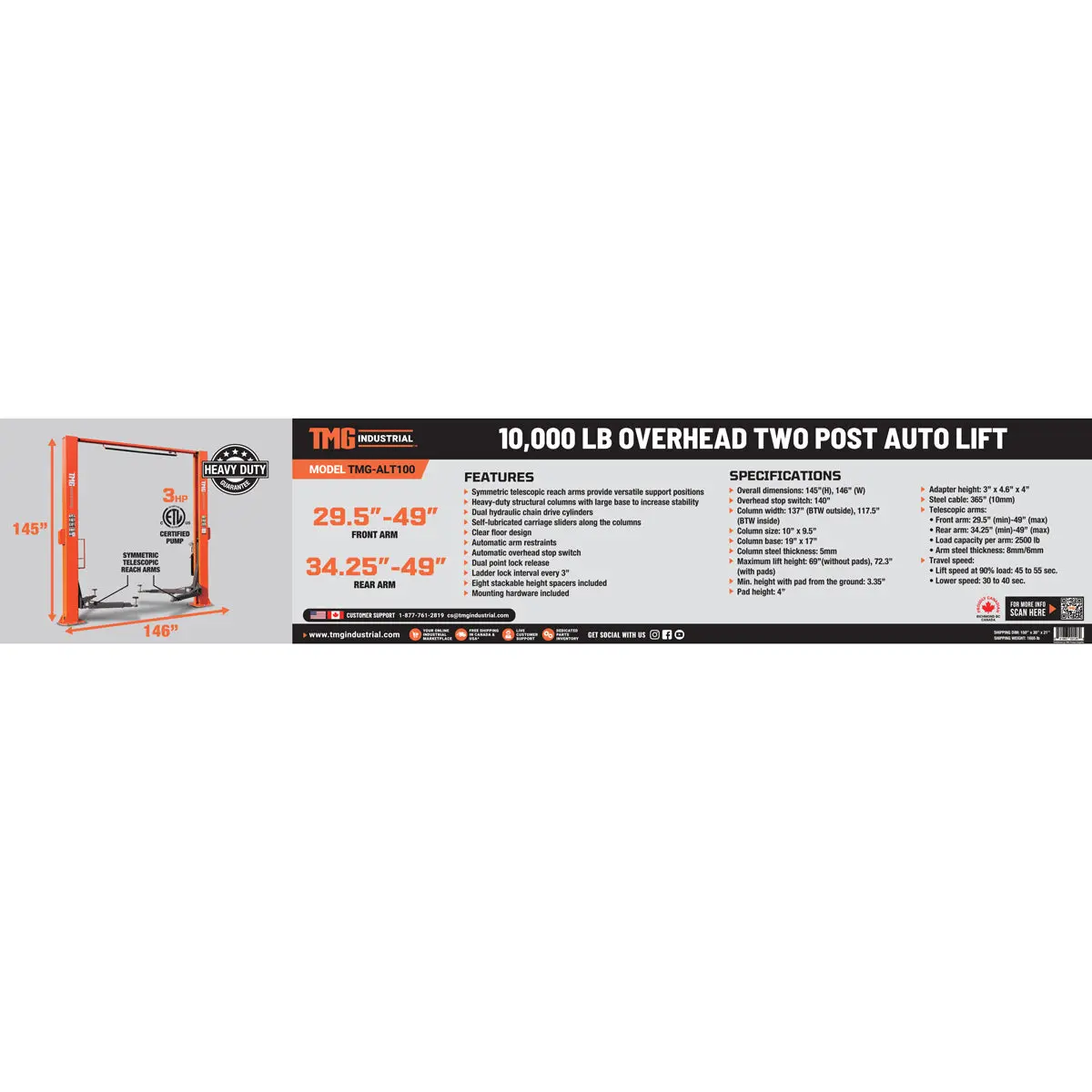 10,000-lb Two Post Overhead Auto Lift, Symmetric Arms, 72" Lift Height, Dual-Point Lock Release, TMG-ALT100 - Image 7