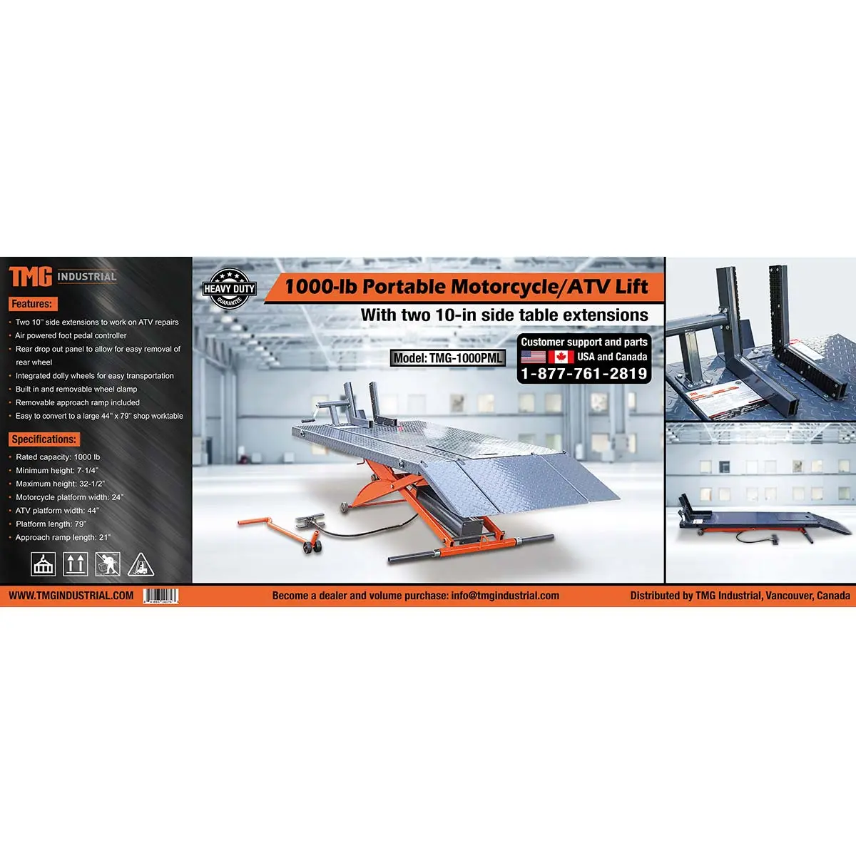 1000 lb Portable Motorcycle/ATV Scissor Lift, 44" Work Platform, 10" Side Panel Extensions, 79" Platform Length, Front Vise Kit, TMG-1000PML - Image 9