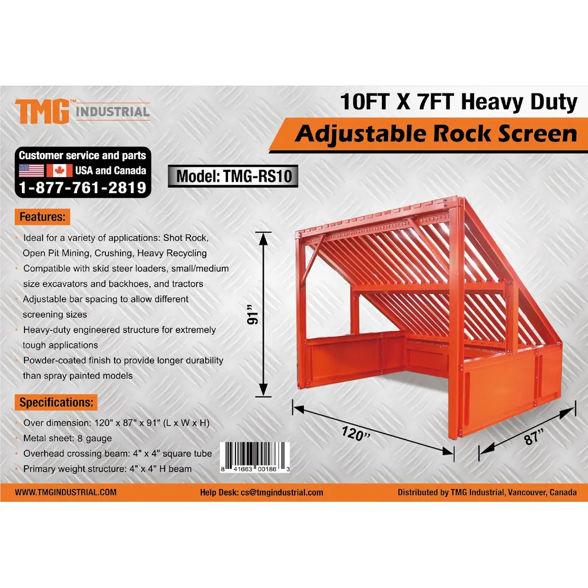 10' Heavy Duty Static Grizzly Rock Screen, Adjustable Bolt-On Deck Bars, 4" x 4" I-Beams, 5000 lb Load Capacity, TMG-RS10 - Image 9