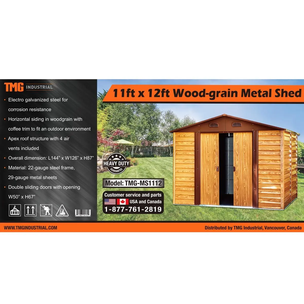 11' x 12' Wood-Grain Galvanized Apex Roof Metal Shed, 50" Sliding Door, 29 GA Corrugated Metal, 67" Edge Height, TMG-MS1112 - Image 4