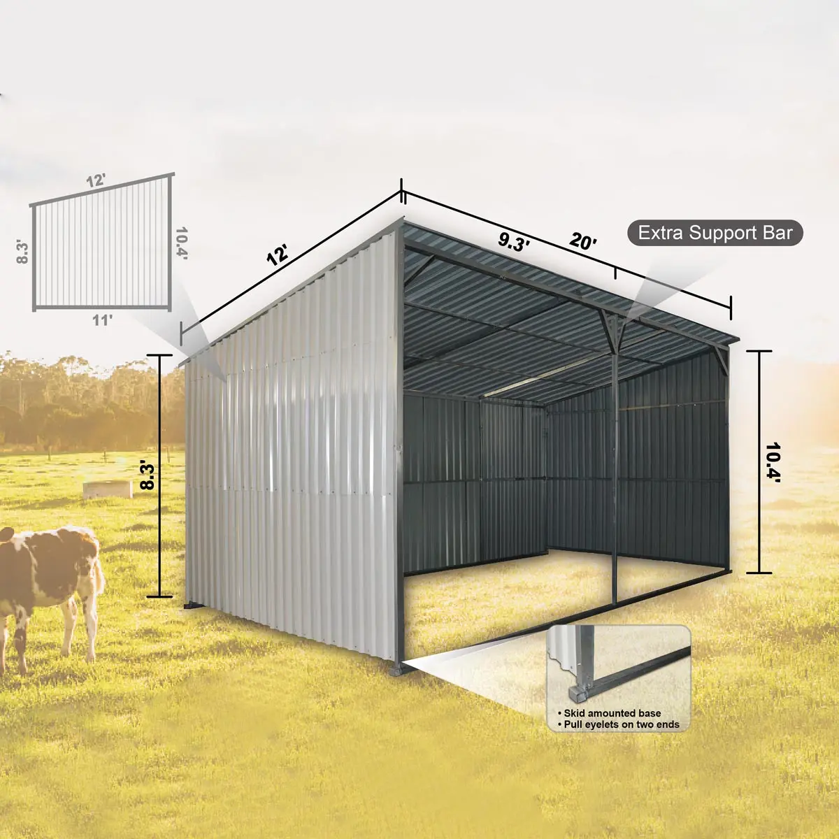 12' x 20' Galvanized Metal Livestock Shed, 240 Sq-Ft, 27 GA Corrugated Panels, Sliding Skid Mount, TMG-MS1220L - Image 10