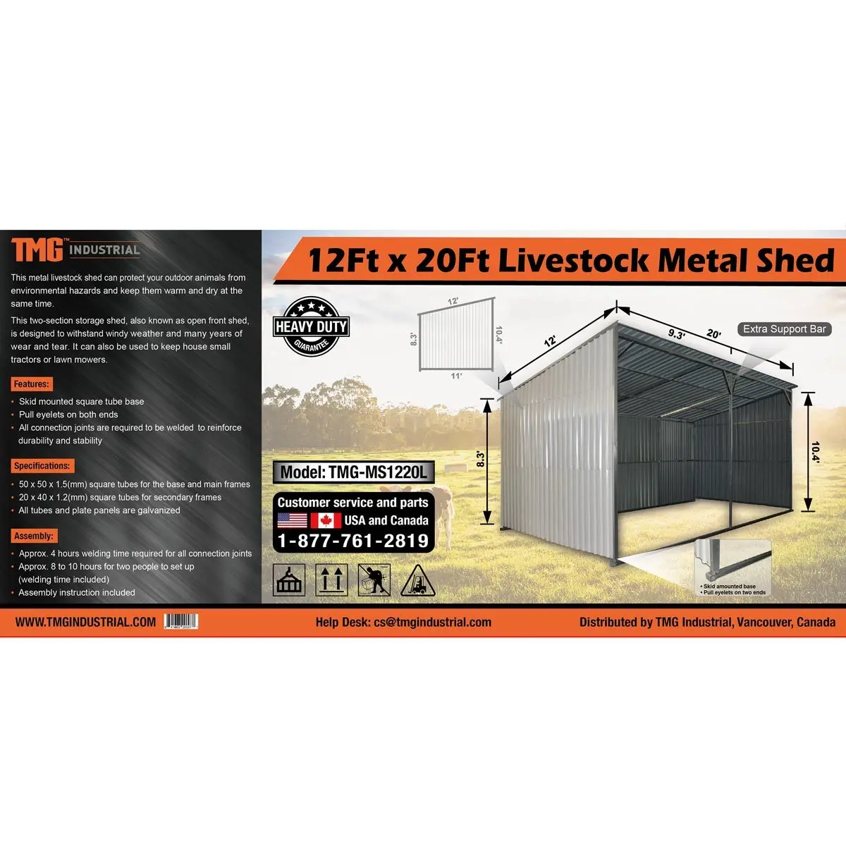 12' x 20' Galvanized Metal Livestock Shed, 240 Sq-Ft, 27 GA Corrugated Panels, Sliding Skid Mount, TMG-MS1220L - Image 11