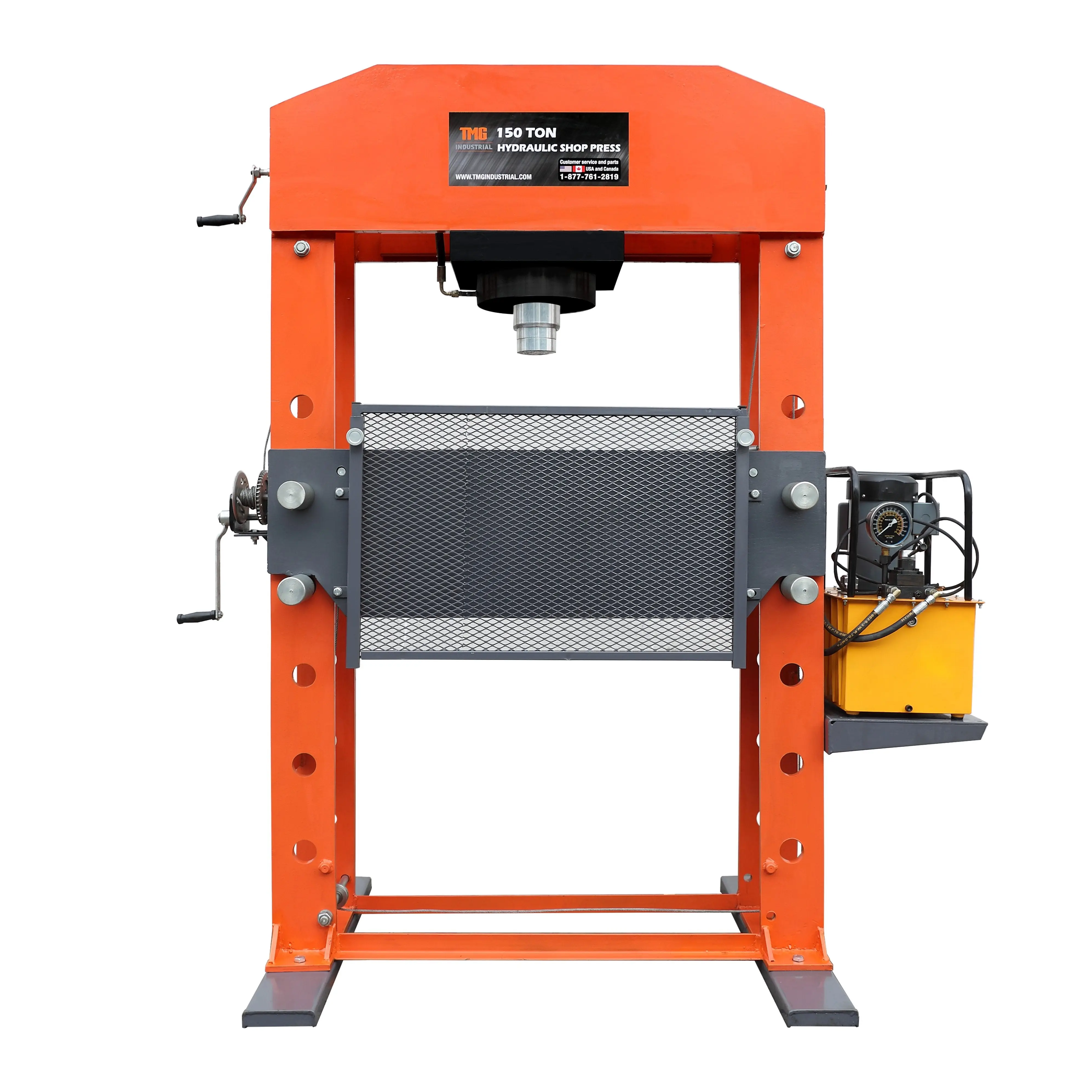 150 Ton Capacity Electric Hydraulic Shop Press, Heavy Duty Pressing, Protective Grid Guard, Fully Welded H-Frame, TMG-SP150