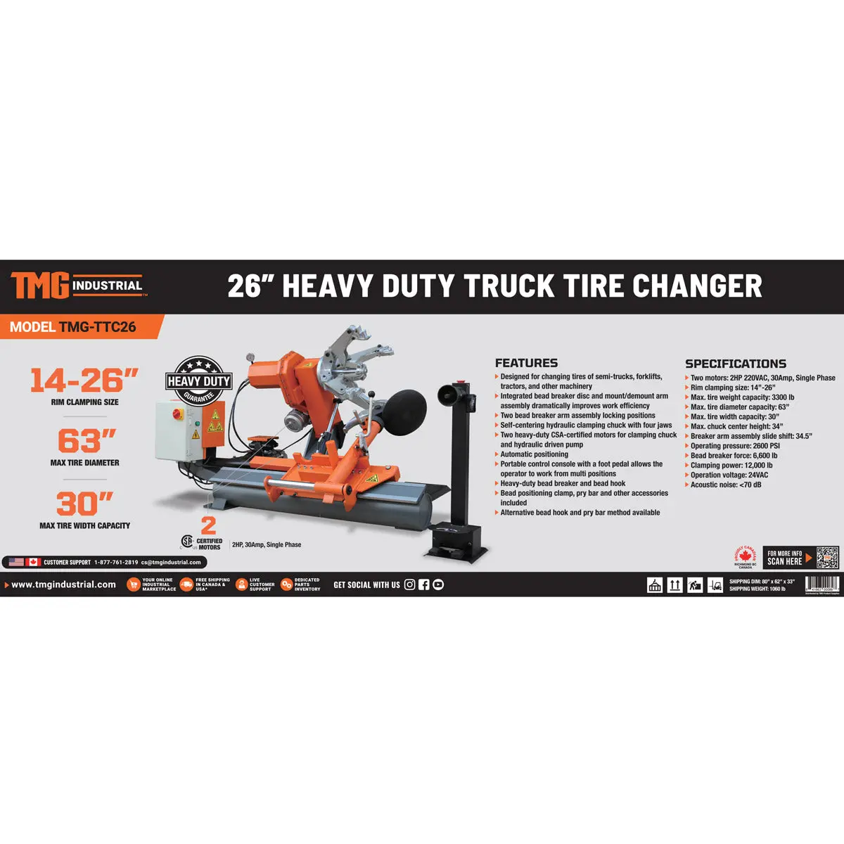 26" Heavy Duty Truck Tire Changer, 63" Tire Capacity, Bead Breaker w/Disk & Bead Hook, 3300 lb Weight Capacity, Portable Controls w/ Foot Pedal, CSA certified Motors, TMG-TTC26 - Image 9