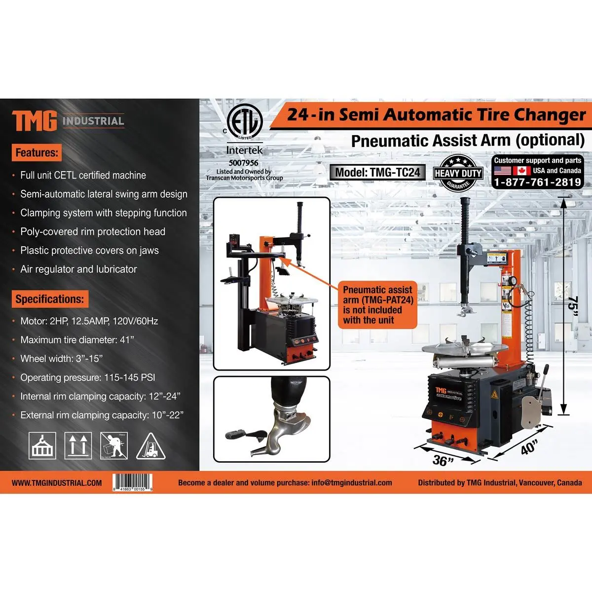 Semi-Automatic Tire Changer, 2 HP Motor, 12" - 24" Rim Clamping, CETL Certified TMG-TC24 - Image 9