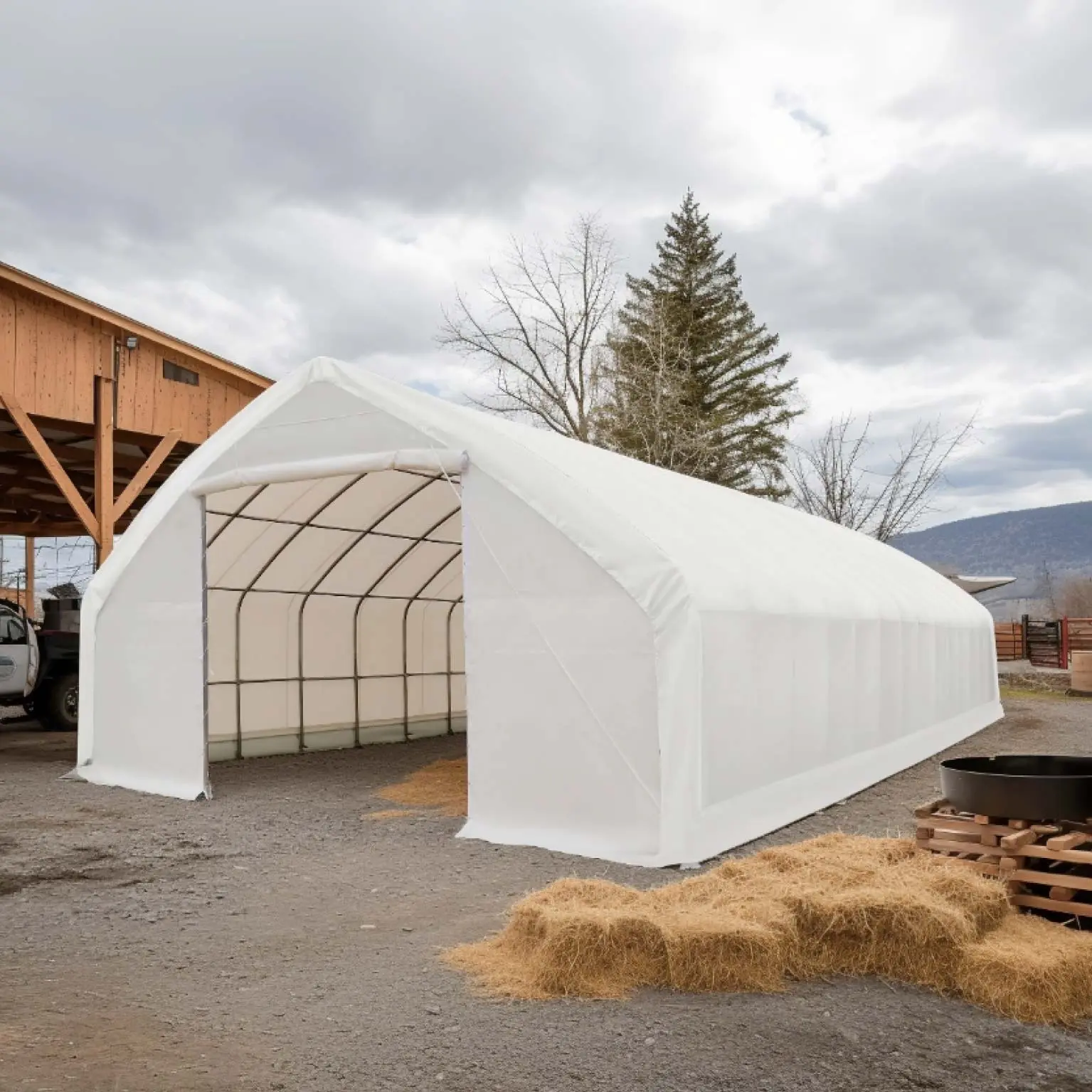 30' x 70' Straight Wall Peak Ceiling Storage Shelter with Heavy Duty 17 oz PVC Cover & Drive Through Doors, TMG-ST3070V - Image 3