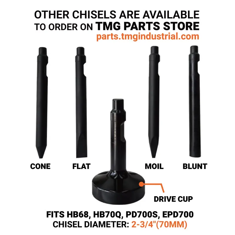 4-7 Ton Excavator/Backhoe Hydraulic Breaker, 2-3/4" Moil Point Chisel, 838 J Impact Energy, Pin Grabber Lugging, TMG-HB68 - Image 4