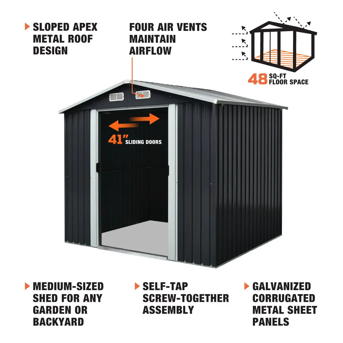 6' x 8' Galvanized Apex Roof Metal Shed, 29 GA Corrugated Metal, 67" Edge Height, TMG-MS0608 - Image 3
