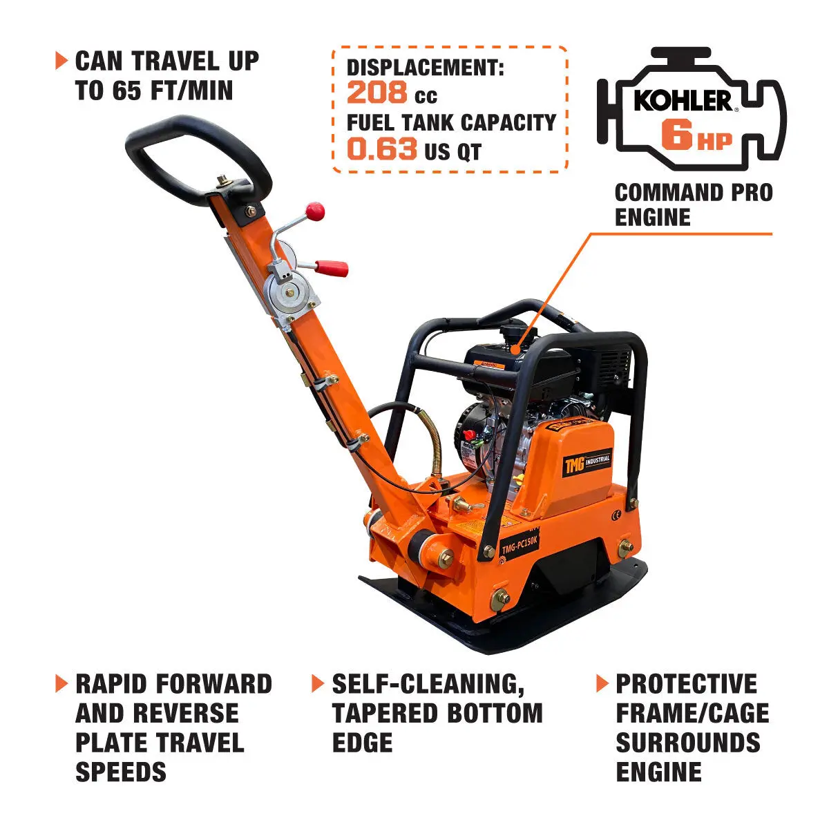 5600-lb Reversible Vibratory Plate Compactor, 6 HP Kohler Command Pro Engine, TMG-PC150K - Image 3