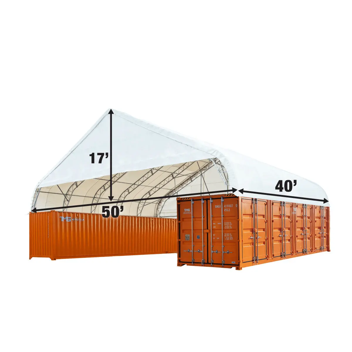 Pro Series 50' x 40' Dual Truss Container Shelter with Heavy Duty 32 oz PVC Cover, Enclosed End Wall and Front Drop, TMG-DT5040CF-PRO - Image 4