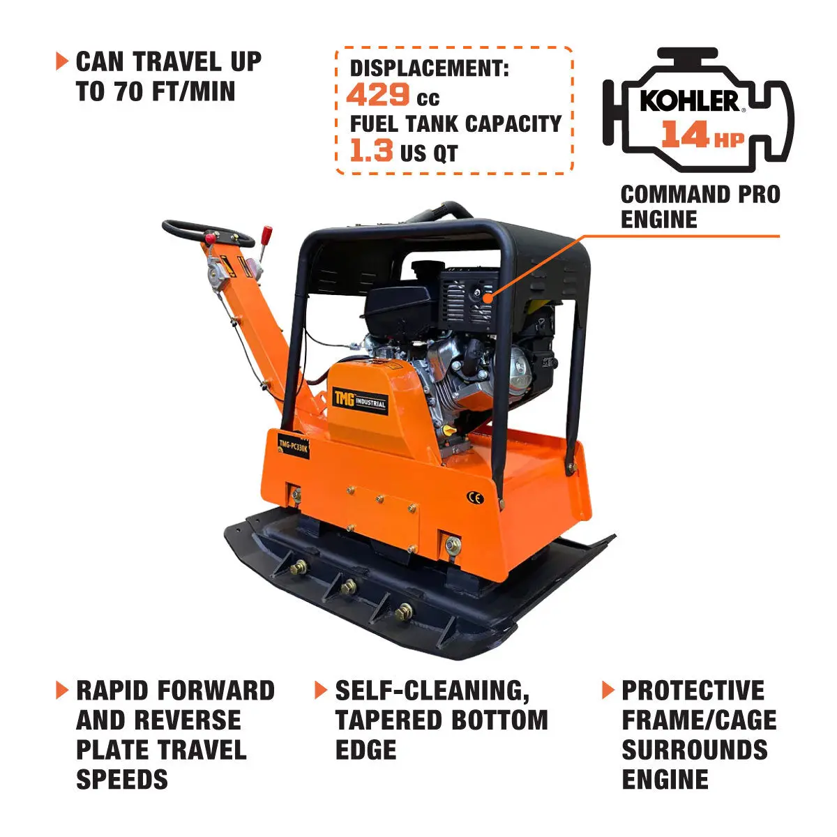 Reversible Plate Compactor, 8500-lb Compact Capacity, 14 HP CH440 Kohler Command Pro Series Engine, 34" Compaction Depth, TMG-PC330K - Image 3