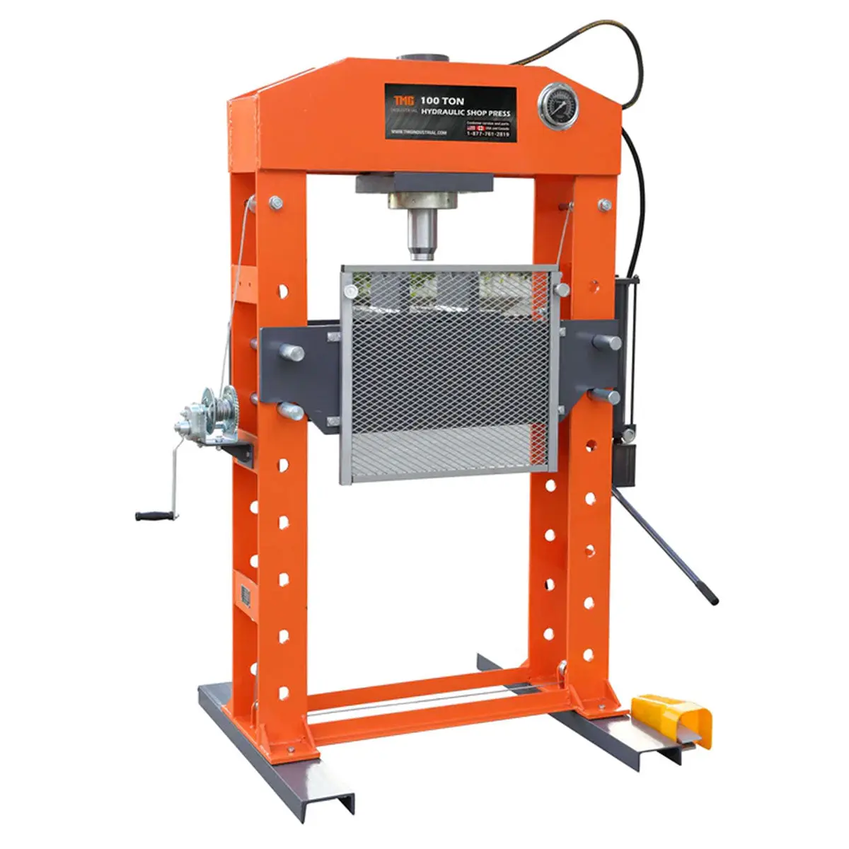100 Ton Capacity Hydraulic Shop Press, Heavy Duty Pressing, Protective Grid Guard, Fully Welded H-Frame, Air & Manual Dual Operation, TMG-SP100 - Image 3