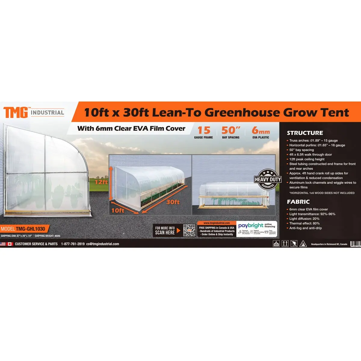 10' x 30' Lean-To Greenhouse Grow Tent w/6 Mil Clear EVA Plastic Film, Cold Frame, Hand Crank Roll-Up Side, 6-½' Sidewall, TMG-GHL1030 - Image 12