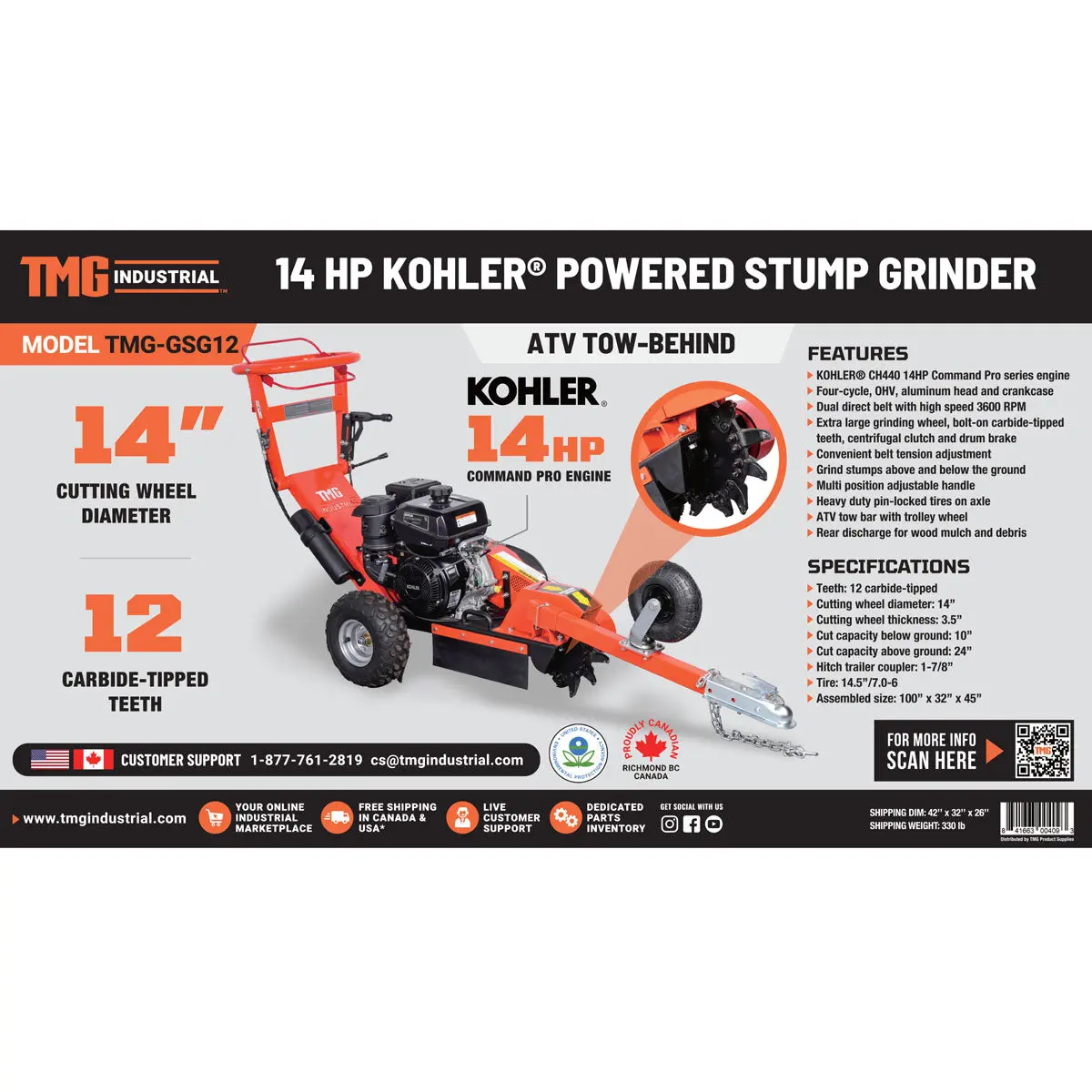 Walk Behind Kohler Powered Stump Grinder, ATV/UTV Tow Bar, 12 Carbide Teeth, 24" Cutting Capacity, 14 HP Gasoline Engine, TMG-GSG12 - Image 12