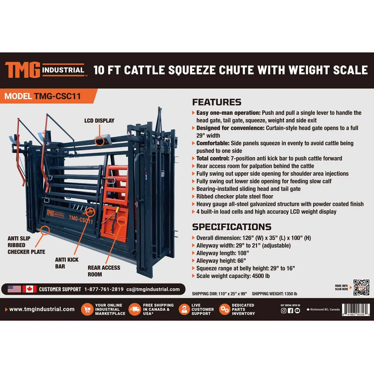 10' Squeeze Cattle Work Chute 4500-lb Weight Scale, Side Exit, Side Squeeze, Upper/Lower Swing Openings, LCD Weight Display, TMG-CSC11 - Image 7