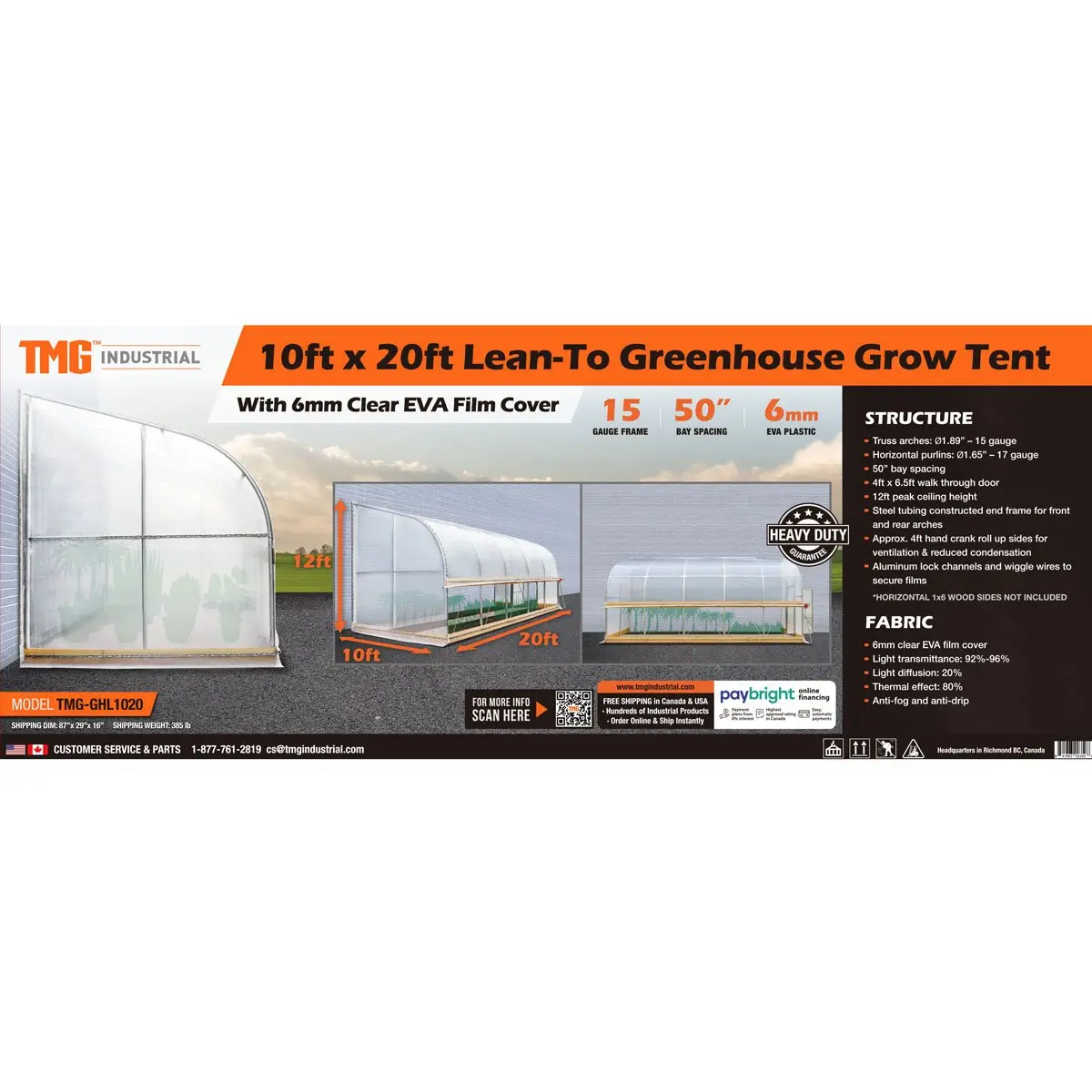 10' x 20' Lean-To Greenhouse Grow Tent w/6 Mil Clear EVA Plastic Film, Cold Frame, Hand Crank Roll-Up Side, 6-½' Sidewall, TMG-GHL1020 - Image 11