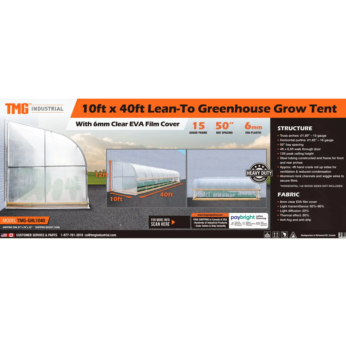 10' x 40' Lean-To Greenhouse Grow Tent w/6 Mil Clear EVA Plastic Film, Cold Frame, Hand Crank Roll-Up Side, 6-½' Sidewall, TMG-GHL1040 - Image 16
