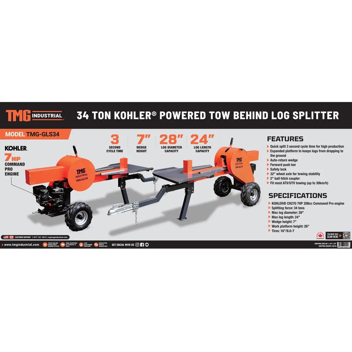 34 Ton ATV/UTV Tow-Behind Log Splitter, 7 HP Kohler Gasoline Engine, 28" Log Diameter Capacity, 3-Sec Cycle Time, TMG-GLS34 - Image 14