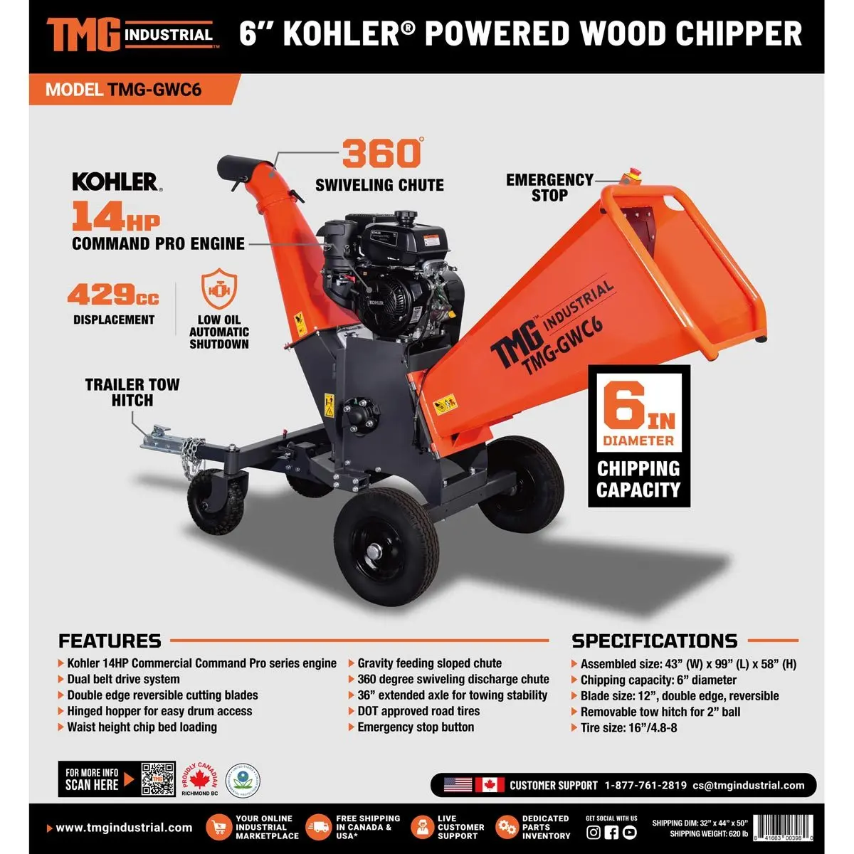 6" Wood Chipper Powered by Kohler 14 HP Command Pro Series, ATV Tow-Behind, 12'' Reversible Blade, Dual Belt Drive, TMG-GWC6 - Image 13
