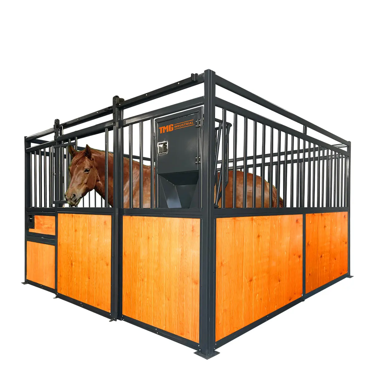12' Horse Stall Pine Lumber Panel, Vertical Bar Top & Wood-Filled Bottom, Front panel c/w Window/Feeder and Sliding Door, TMG-FHS12A and FHS12B - Image 3