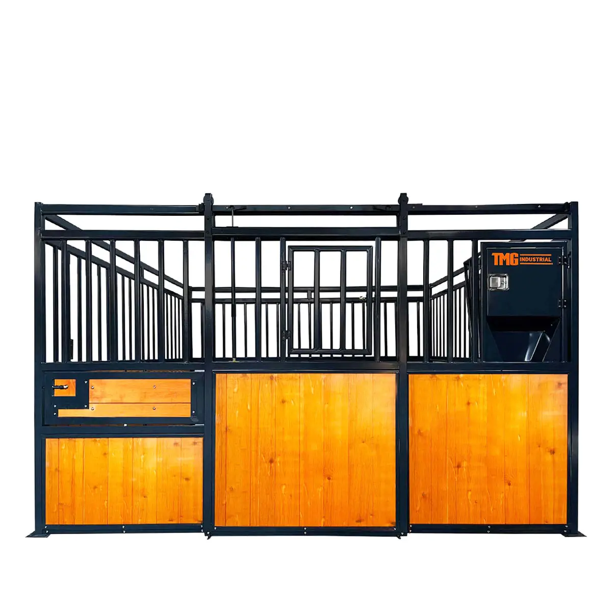 12' Horse Stall Pine Lumber Panel, Vertical Bar Top & Wood-Filled Bottom, Front panel c/w Window/Feeder and Sliding Door, TMG-FHS12A and FHS12B - Image 4