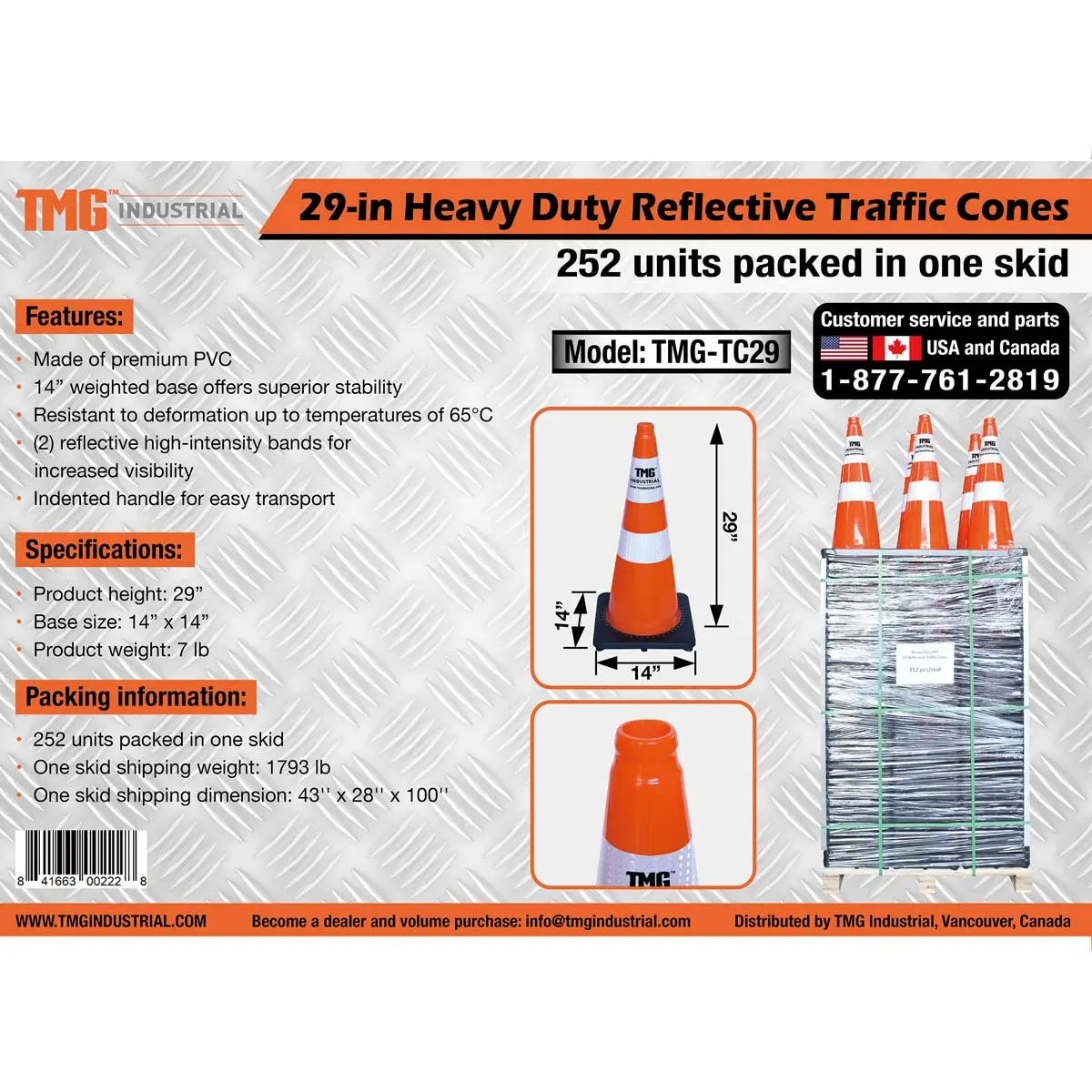 29" PVC Reflective Traffic Cones, 252 Cones, 14" Square Base, Hot & Cold Weather, High-Intensity Reflective Bands, TMG-TC29 - Image 8
