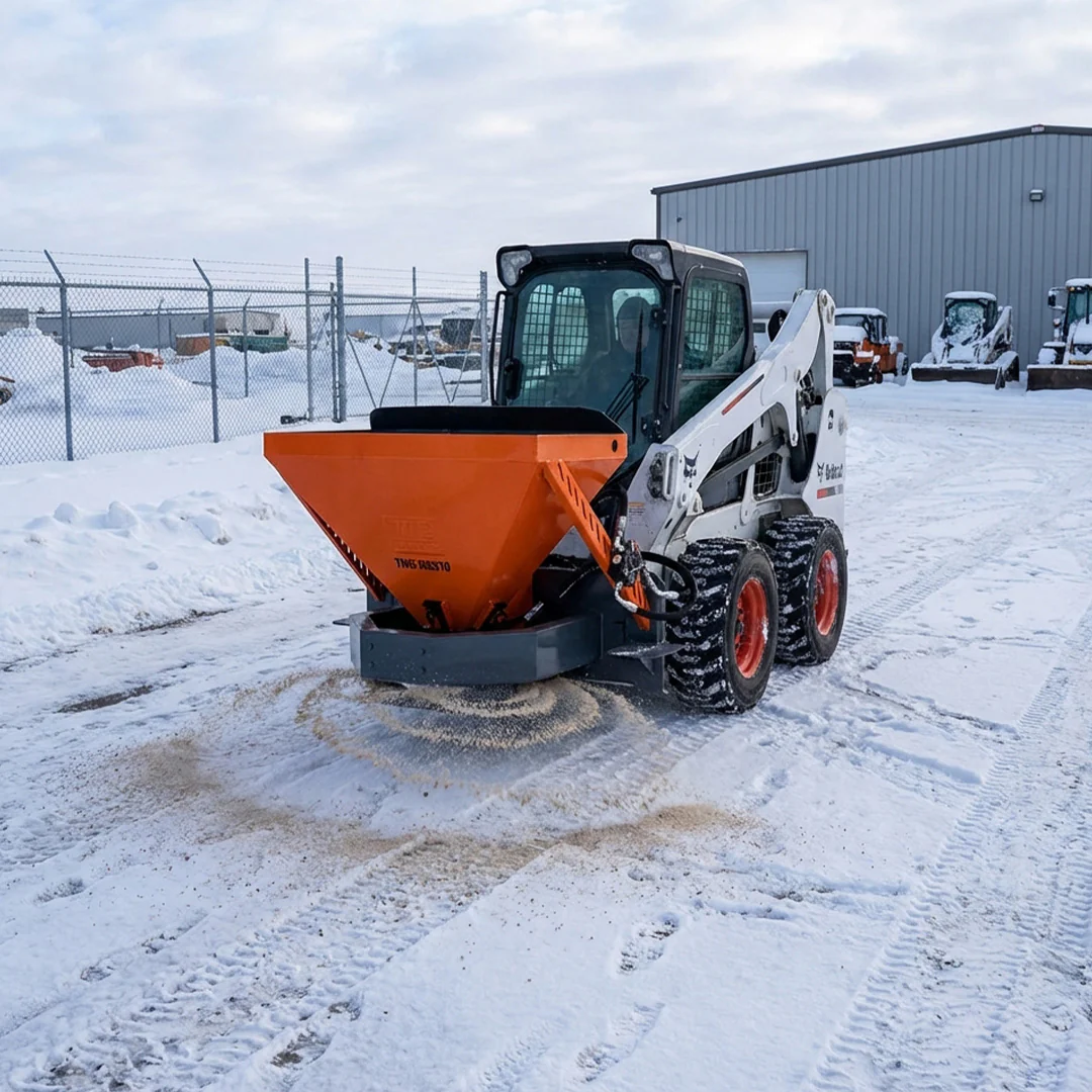 Skid Steer Tilt-N-Scoop Material Spreader, 10 Cu-Ft Capacity, 30' Wide Spread Range, Snow salt spreader,6.5-12 GPM Flow Rate, Sidewalk Skirt, Universal Mount, TMG-MSS10 - Image 3