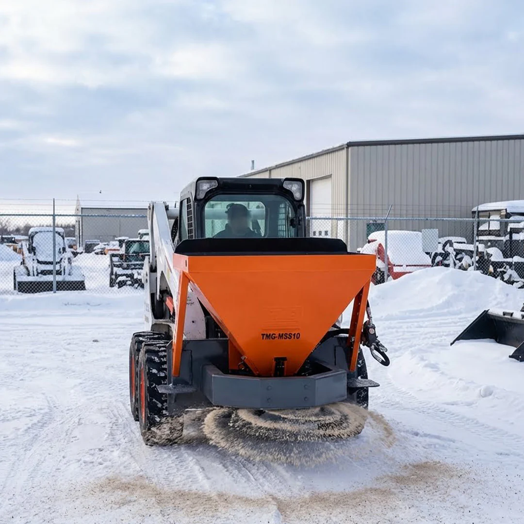 Skid Steer Tilt-N-Scoop Material Spreader, 10 Cu-Ft Capacity, 30' Wide Spread Range, Snow salt spreader,6.5-12 GPM Flow Rate, Sidewalk Skirt, Universal Mount, TMG-MSS10 - Image 4