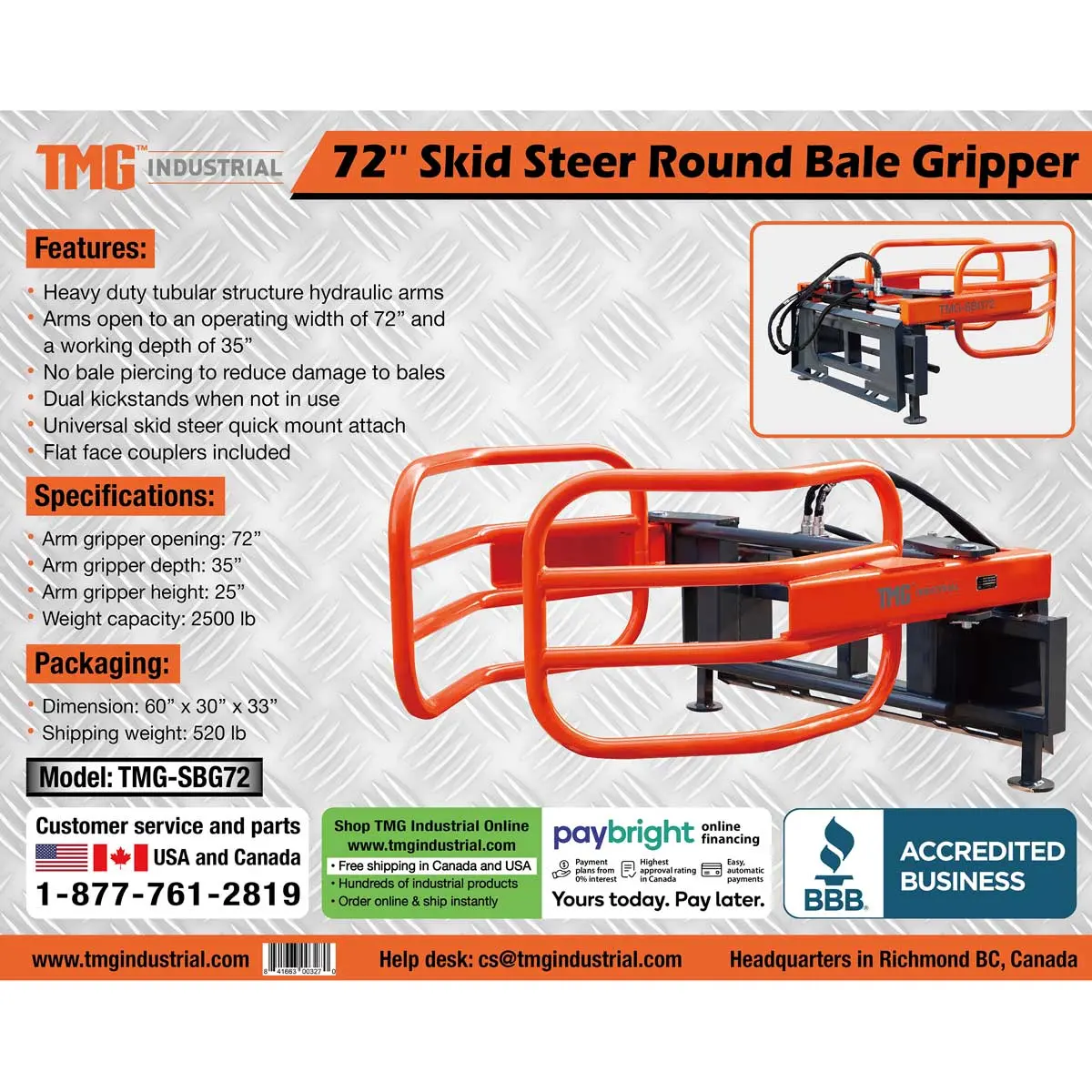 72" Skid Steer Hydraulic Round Bale Gripper/Squeeze, 2500 lb Capacity, 35" Depth, Dual Kickstands, Tubular Arms, Universal Quick-Mount, TMG-SBG72 - Image 7