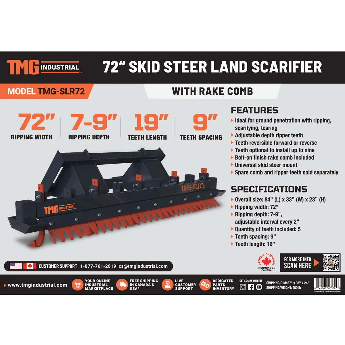 72" Skid Steer Land Ripper w/Rake Comb, Scarifier, Dethatcher, Forward & Reverse, Depth Adjustable Ripping Teeth, TMG-SLR72 - Image 11