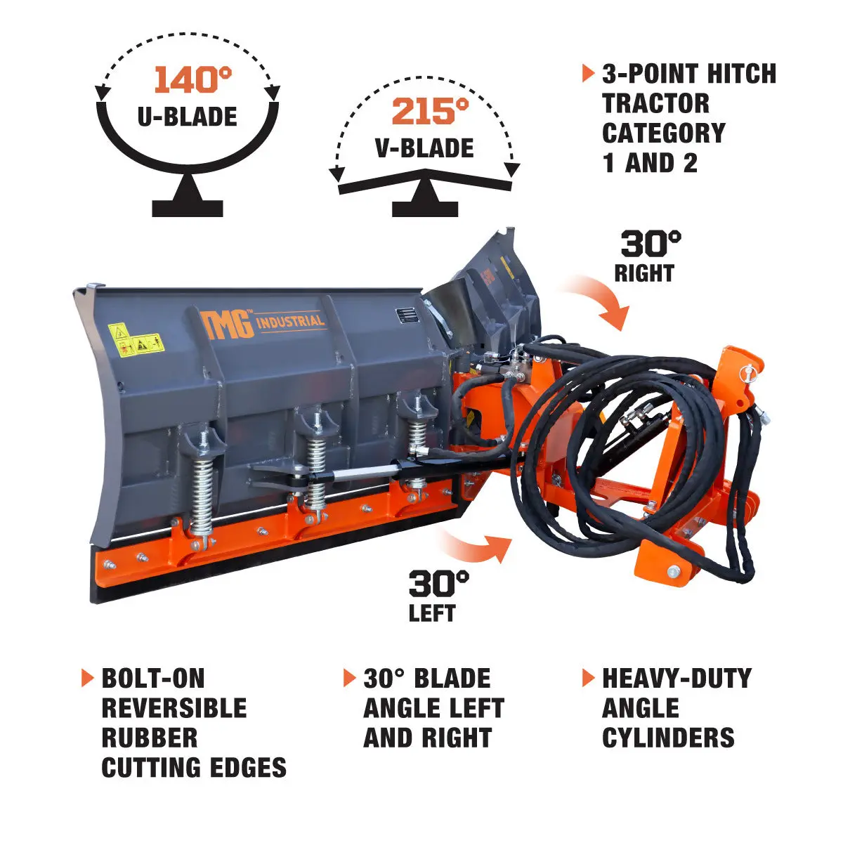 8-½' U/V Angle Blade Snowplow, Reversible Rubber Edges, 6 Positions, Category 1 & 2 Hookups, 3-Point Hitch, 40-90 HP Tractors, TMG-SP08 - Image 3