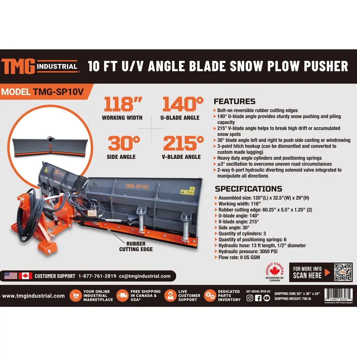 10' U/V Angle Blade Snowplow, Reversible Rubber Edges, 6 Positions, Category 1 & 2 Hookups, 3-Point Hitch, 40-90 HP Tractors, TMG-SP10V - Image 9