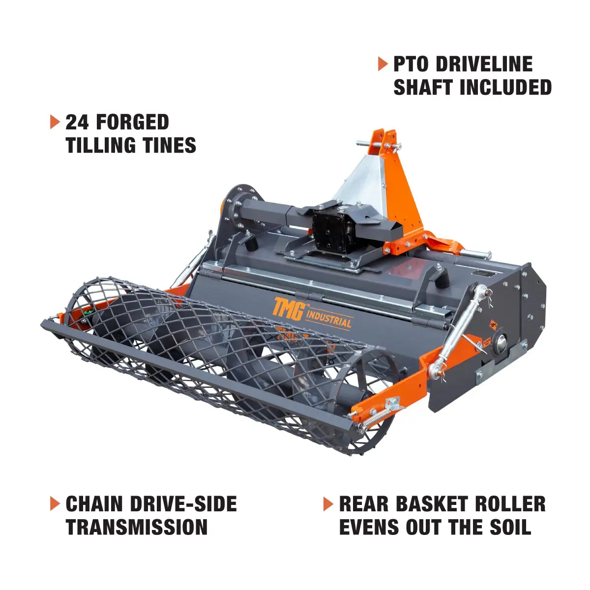 48" Stone Burier Rotary Tiller, 3-Point Hitch, Category 1 Hookup, 25-50 HP Tractors, PTO Shaft Included, 2-1/2" Stone Capacity, TMG-TSB48 - Image 4