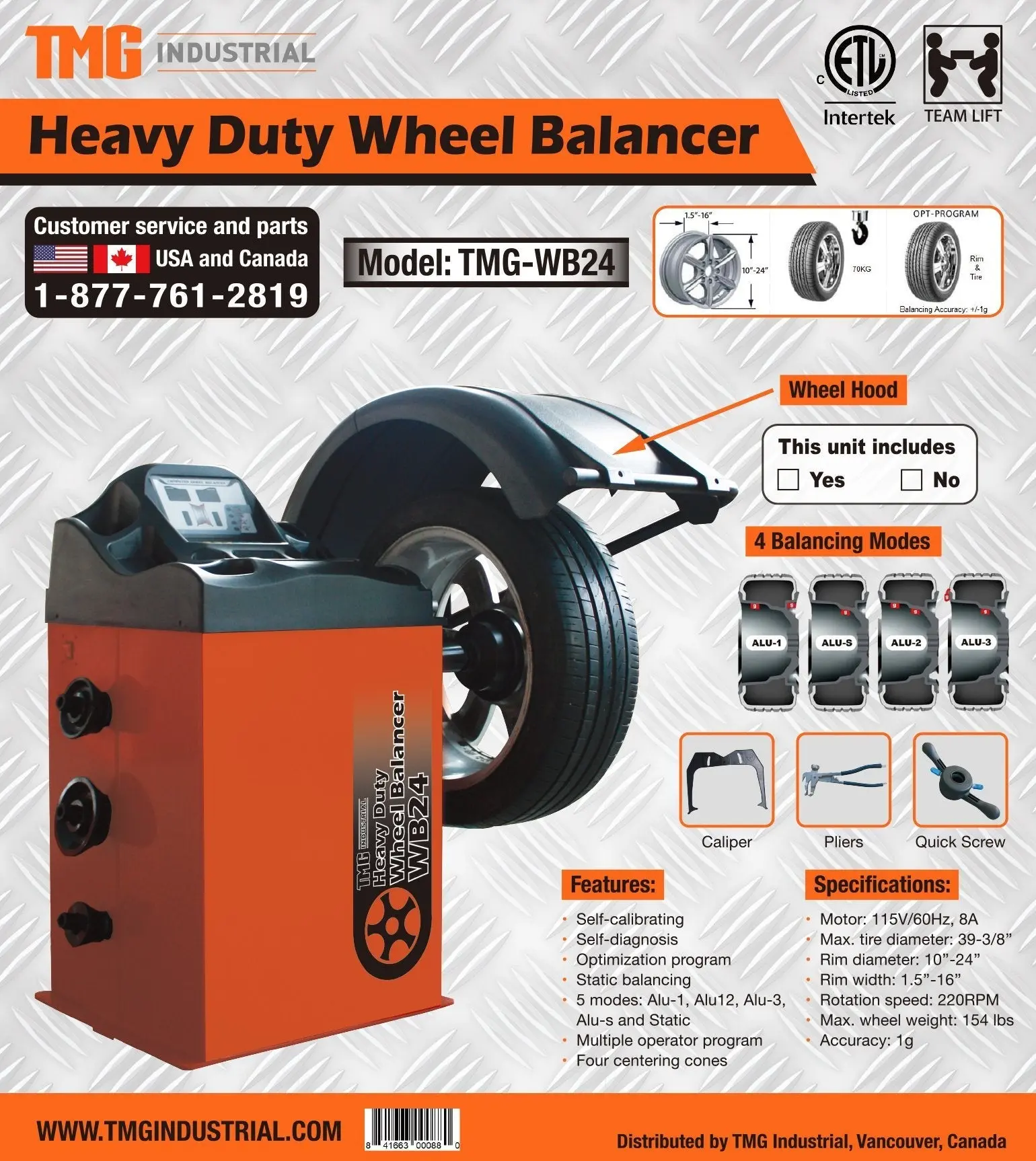 Self-Calibrating Wheel Balancer with Protection Hood, 10"-24" Rim Diameter, Computerized, +/- 1 g of Accuracy, ALU Balancing Modes, TMG-WB24H - Image 7